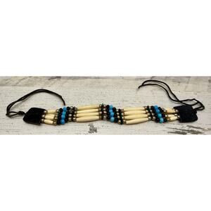 Native American Style Bone, Bead, Silver Tone, Leather Choker Necklace/Headband